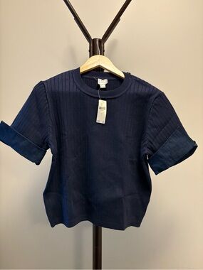 Anthropologie Navy Short-Sleeve Ribbed Knit Top